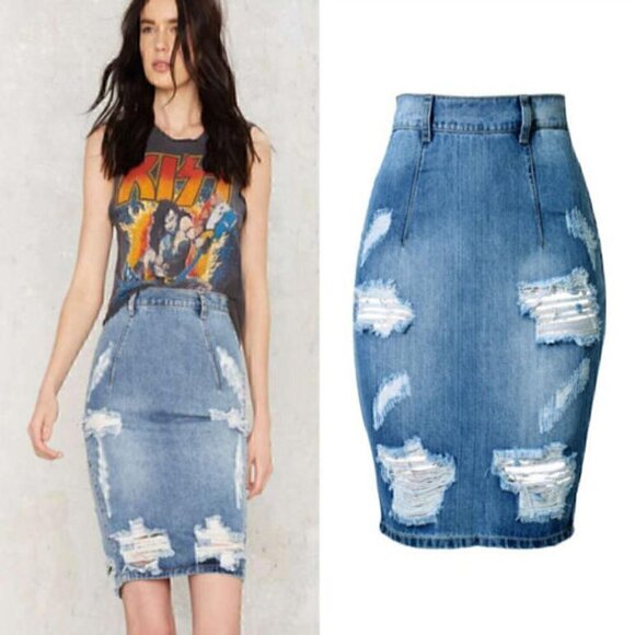 SUPER FLATTERING One Teaspoon Freelove Distressed Denim Pencil Skirt | High Wais - Picture 8 of 10